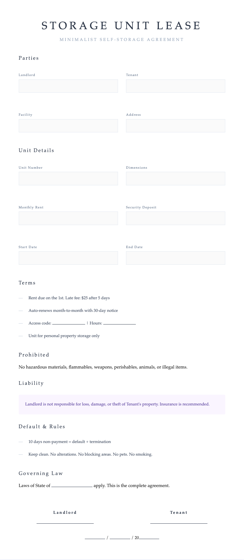 Japandi minimalist storage unit lease agreement